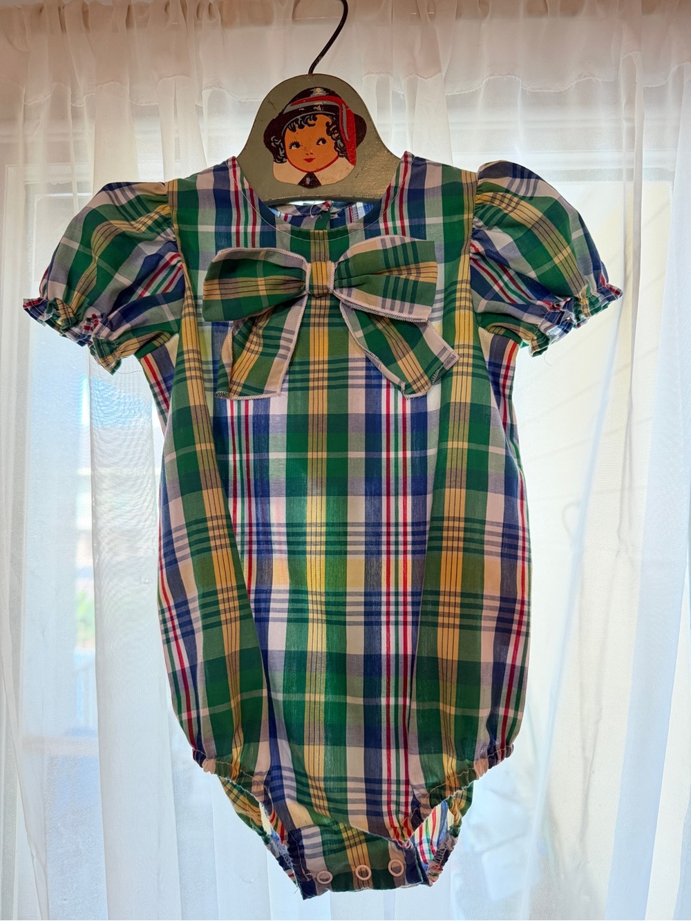 The Beaufort Bonnet Company Green, Yellow & Blue Plaid Baby Bubble with Bow